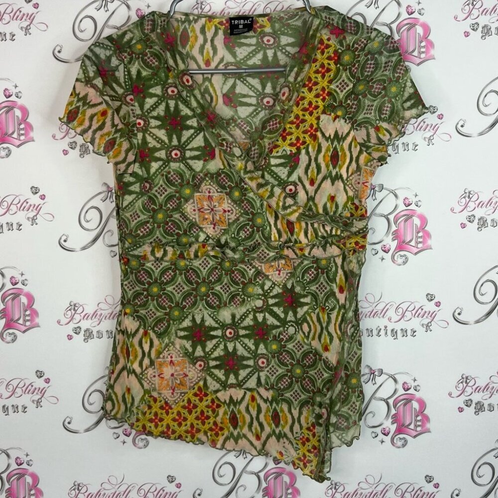 Tribal tshirt tee paisley boho Patterned Blouse Vneck shirt ruffle trim mesh